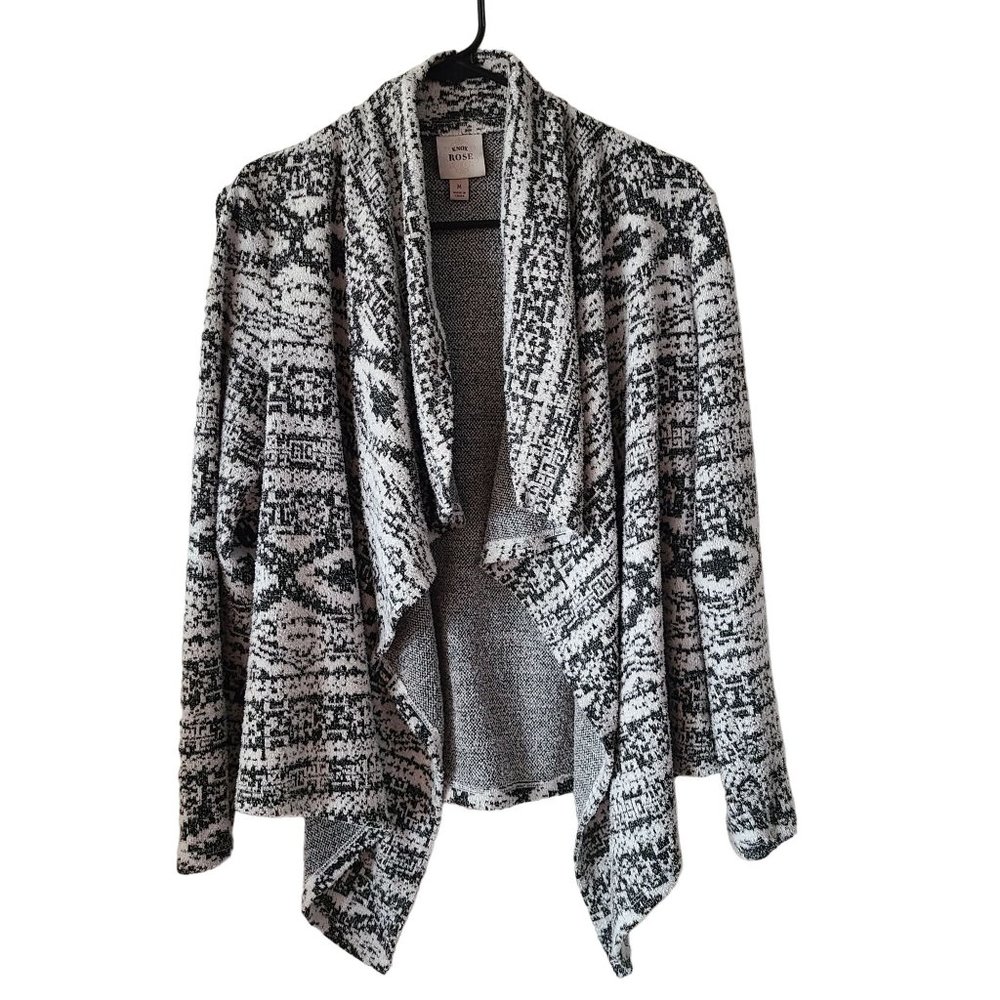 Knox Rose Aztec Print Black White Waterfall Open Front Cardigan Women's Sz M